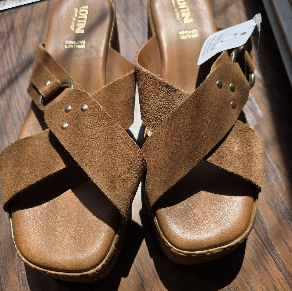 NEW Lottini Suede Boho Wedge Sandals - Camel - Picture 4 of 10